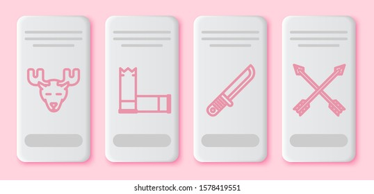 Set line Moose head with horns, Cartridges, Hunter knife and Crossed arrows. White rectangle button. Vector