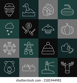 Set Line Moose Head With Horns, Canada Map, Pumpkin, Native American Indian, Curling Sport Game, Cloud Snow, Hockey Helmet And Christmas Sweater Icon. Vector