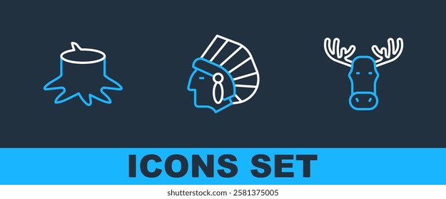 Set line Moose head with horns, Tree stump and Native American Indian icon. Vector