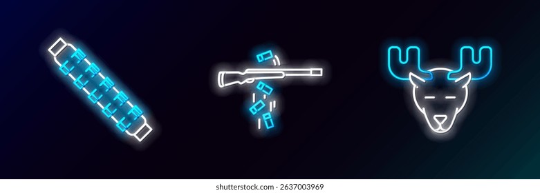 Set line Moose head with horns, Hunting cartridge belt cartridges and Gun shooting icon. Glowing neon. Vector