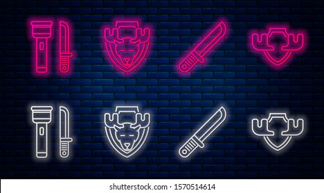 Set line Moose head on shield, Hunter knife, Flashlight and knife and Moose horns on shield. Glowing neon icon on brick wall. Vector