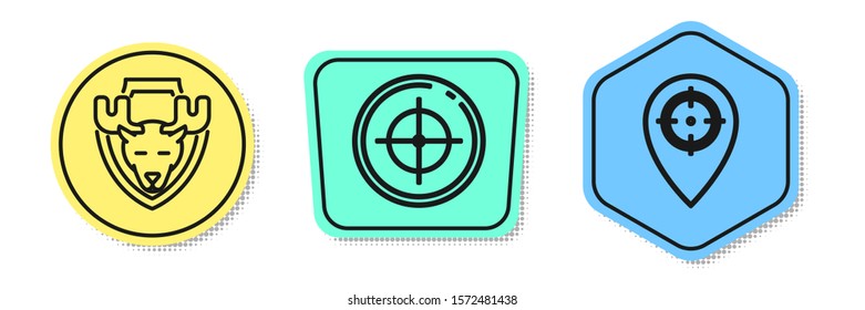 Set line Moose head on shield, Target sport for shooting competition and Hunt place. Colored shapes. Vector