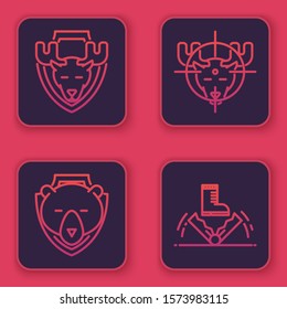 Set line Moose head on shield, Bear head on shield, Hunt on moose with crosshairs and Trap hunting. Blue square button. Vector