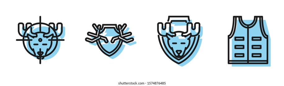 Set line Moose head on shield, Hunt on moose with crosshairs, Deer antlers on shield and Hunting jacket icon. Vector