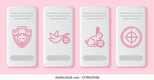 Set line Moose head on shield, Hunt on duck with crosshairs, Hunt on rabbit with crosshairs and Target sport for shooting competition. White rectangle button. Vector