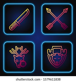Set line Moose head on shield, Hunt on deer with crosshairs, Hunter knife and Crossed arrows. Gradient color icons. Vector