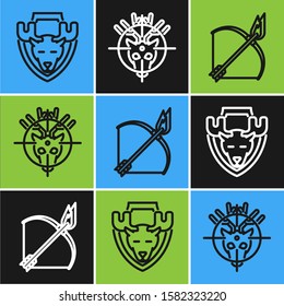 Set line Moose head on shield, Bow and fire arrow and Hunt on deer with crosshairs icon. Vector