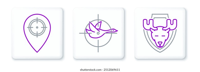 Establecer línea Cabeza de alce en el escudo, lugar de caza y pato con el icono de la cruz. Vector