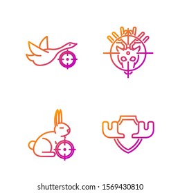 Set line Moose horns on shield, Hunt on rabbit with crosshairs, Hunt on duck with crosshairs and Hunt on deer with crosshairs. Gradient color icons. Vector