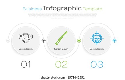 Set line Moose horns on shield, Hunting gun and Hunt on bear with crosshairs. Business infographic template. Vector