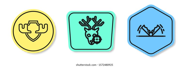 Set line Moose horns on shield, Hunt on deer with crosshairs and Trap hunting. Colored shapes. Vector