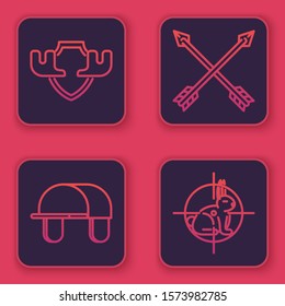 Set line Moose horns on shield, Hunter hat, Crossed arrows and Hunt on rabbit with crosshairs. Blue square button. Vector