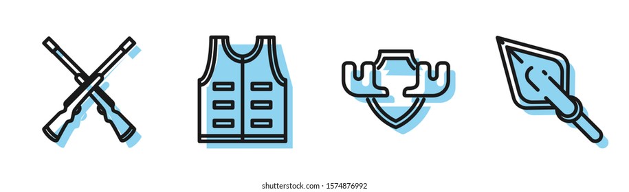 Set line Moose horns on shield, Two crossed shotguns, Hunting jacket and Hipster arrow tip icon. Vector
