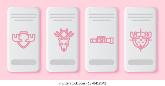 Set line Moose horns on shield, Deer head with antlers, Sniper optical sight and Hunt on moose with crosshairs. White rectangle button. Vector
