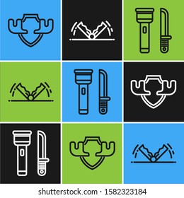 Set line Moose horns on shield, Flashlight and knife and Trap hunting icon. Vector