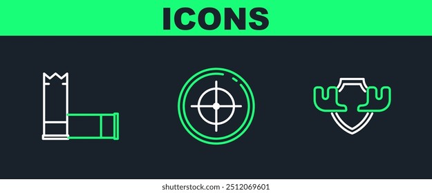 Fije los cuernos del alce en el escudo, los cartuchos y el deporte del objetivo para el icono de la competición del tiro. Vector