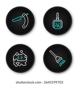 Set line Mop, Bar of soap with foam, Dustpan and Straight razor icon. Vector