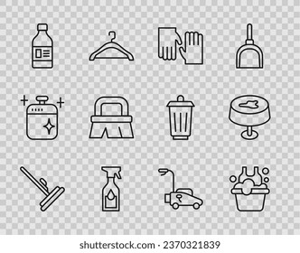 Set line Mop, Basin with soap suds, Rubber gloves, Cleaning spray bottle, Bottle for cleaning agent, Brush, Lawn mower and Stain on the tablecloth icon. Vector