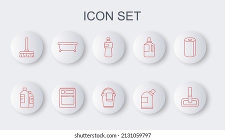 Set line Mop, Bottles for cleaning agent, Dishwashing liquid bottle, Handle broom, Bathtub, Kitchen dishwasher machine and Bucket with rag icon. Vector