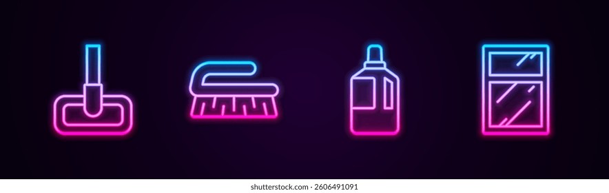 Set line Mop, Brush for cleaning, Fabric softener and Cleaning service windows. Glowing neon icon. Vector