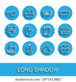 Set line Mop and bucket, Bottle for cleaning agent, Washing powder, Water spill, Basin with shirt, Toilet bowl, Brush and Trash can icon. Vector