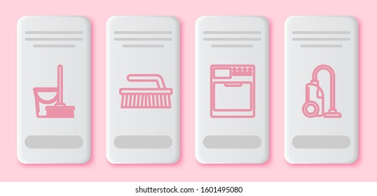 Set line Mop and bucket , Brush for cleaning , Washer  and Vacuum cleaner . White rectangle button. Vector