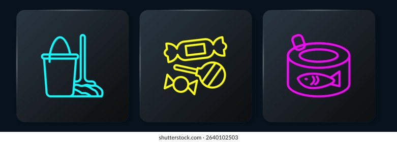 Set line Mop and bucket, Canned fish and Candy. Black square button. Vector