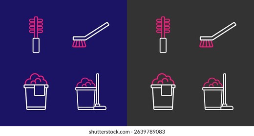 Set line Mop and bucket, Bucket with foam, Brush for cleaning and Toilet brush icon. Vector