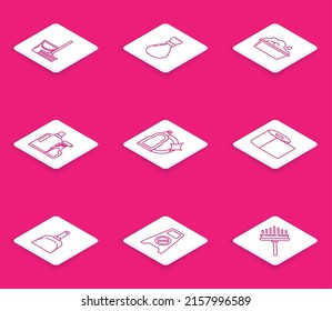 Set line Mop and bucket, Garbage bag, Plastic basin with soap suds, bottles for liquid dishwashing liquid, Toilet paper roll, Dustpan and Wet floor cleaning progress icon. Vector