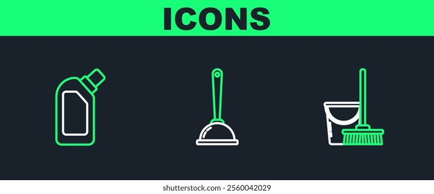 Set line Mop and bucket, Plastic bottles for liquid dishwashing liquid and Toilet plunger icon. Vector