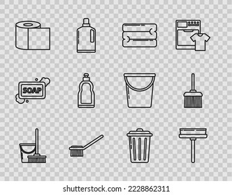 Set line Mop and bucket, Squeegee, scraper, wiper, Towel stack, Toilet brush, paper roll, Plastic bottles for liquid dishwashing liquid, Trash can and Handle broom icon. Vector