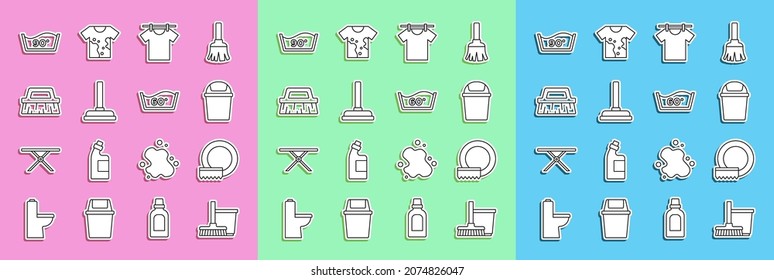 Fijar línea Mop y cubeta, Lavadoras, Bañera de basura, Ropa de secado, Bocador de caucho, Cepillo para limpieza, Lavado de temperatura e ícono. Vector