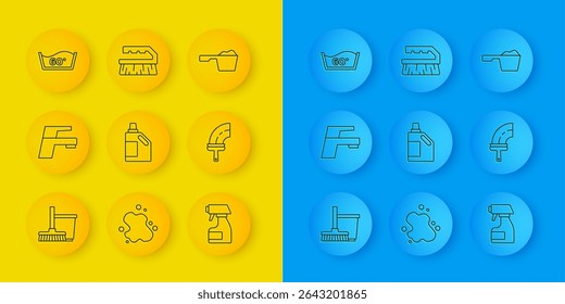 Set line Mop and bucket, Water tap, Bottle for cleaning agent, Cleaning spray bottle, Rubber cleaner windows, Temperature wash, Washing powder and Brush icon. Vector