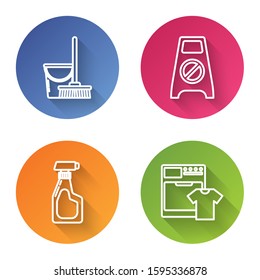 Set line Mop and bucket , Wet floor and cleaning in progress , Cleaning spray bottle with detergent liquid  and Washer and t-shirt . Color circle button. Vector
