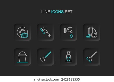 Set line Mop, Cleaning spray with detergent, Rubber plunger, Bucket, Vacuum cleaner, Water tap, Brush for cleaning and Washing dishes icon. Vector