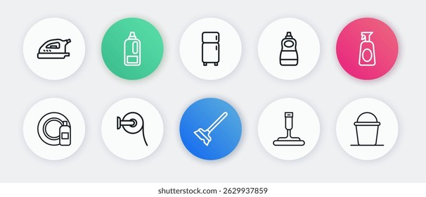 Set line Mop, Cleaning spray with detergent, Dishwashing bottle and plate, Rubber cleaner for windows, liquid, Refrigerator, Bucket and Toilet paper roll icon. Vector