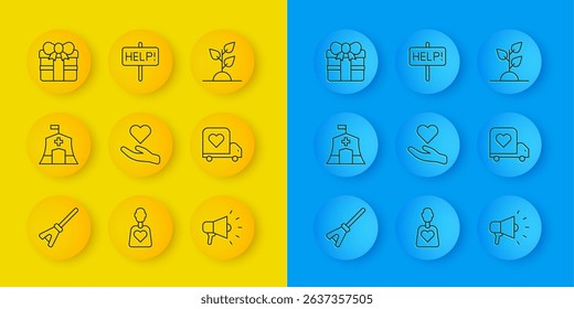 Set line Mop, Emergency medical tent, Heart in hand, Megaphone, Delivery truck with heart, Gift box, Volunteer team planting trees and Help sign icon. Vector