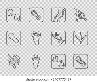 Fijar línea Mop, zapatos de huellas humanas, garra de serpiente, oso, caballo, jabalí y icono de pollo. Vector