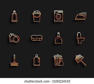 Set line Mop, Plastic bottles for liquid dishwashing liquid, Trash can and garbage bag, Squeegee, scraper, wiper, Sponge, Toilet bowl and Dustpan icon. Vector