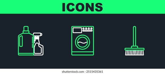 Set línea Mop, botellas de plástico para líquido lavavajillas líquido y lavadora icono. Vector