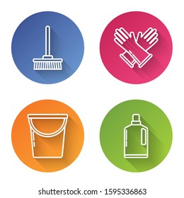 Set line Mop , Rubber gloves , Bucket  and Plastic bottles for liquid dishwashing liquid. Color circle button. Vector