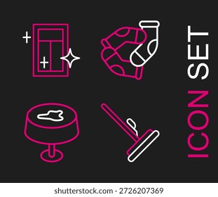 Fije la línea del trapeador, mancha en el mantel, calcetines y servicio de limpieza para el icono de la ventana. Vector