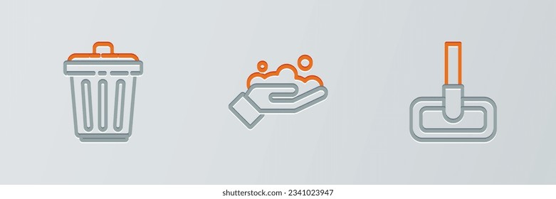 Set line Mop, Trash can and Washing hands with soap icon. Vector