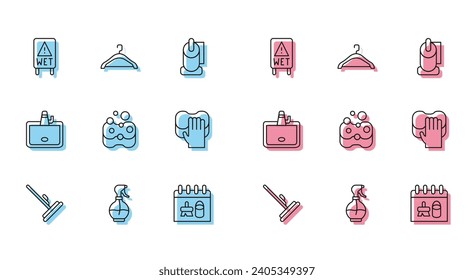 Set line Mop, Water spray bottle, Wet floor, Cleaning calendar, Sponge, service, Washbasin and Hanger wardrobe icon. Vector