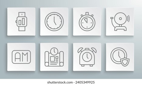 Set line Morning time, Clock, Project plan, Alarm clock, with shield, Stopwatch, Ringing alarm bell and Smartwatch icon. Vector