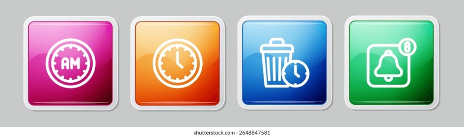 Establecer línea de tiempo de la mañana, reloj, desperdicio de y App de despertador móvil. Colorido Botón cuadrado. Vector
