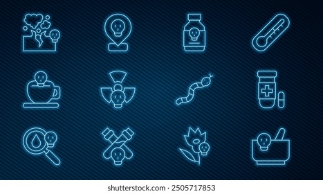 Set line Mortar and pestle, Antidote, Poisoned pill, Radioactive, Coffee cup with skull, Poisonous cloud gas smoke, Snake and in location icon. Vector