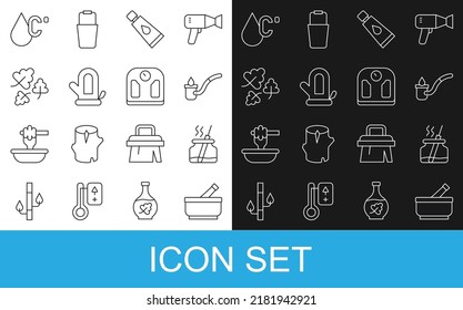 Set line Mortar and pestle, Aroma diffuser, Sauna ladle, Cream lotion cosmetic tube, mitten, Oak leaf, Water temperature and Bathroom scales icon. Vector