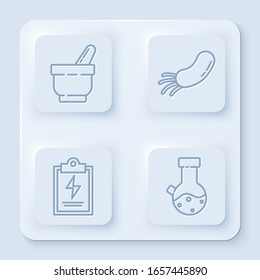 Set line Mortar and pestle, Bacteria, Laboratory clipboard with checklist and Test tube and flask chemical. White square button. Vector