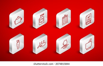 Set line Mortar and pestle, Bottle of liquid soap, Clipboard with checklist, Medical book, Massage, Kettle handle, Acupuncture therapy and Carrot icon. Vector